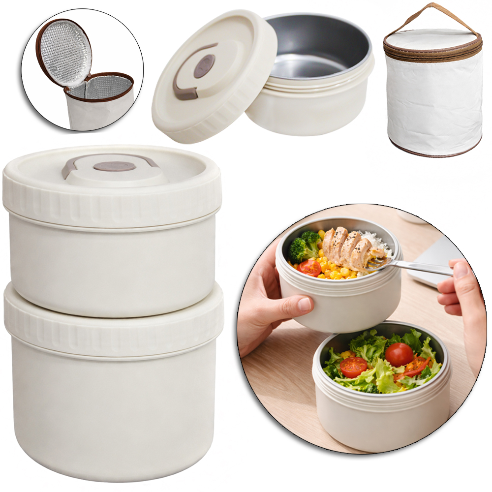 BOLSA TERMICA REDONDA COM 2 POTES 430 / 330ML PLASTICO / INOX