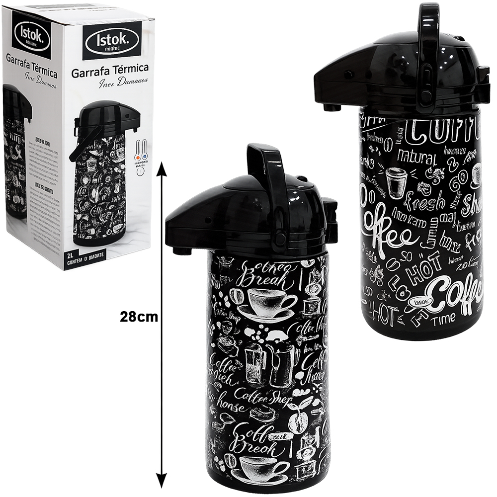  GARRAFA TERMICA DE INOX COM AMPOLA DE VIDRO + TRAVA NA TAMPA OPEN / CLOSE DAMASCO COFFEE 1L