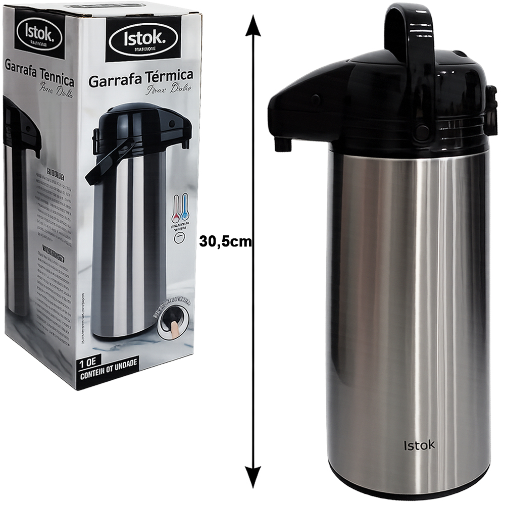 GARRAFA TERMICA DE INOX COM AMPOLA DE VIDRO + TRAVA NA TAMPA DOHA 1,9L