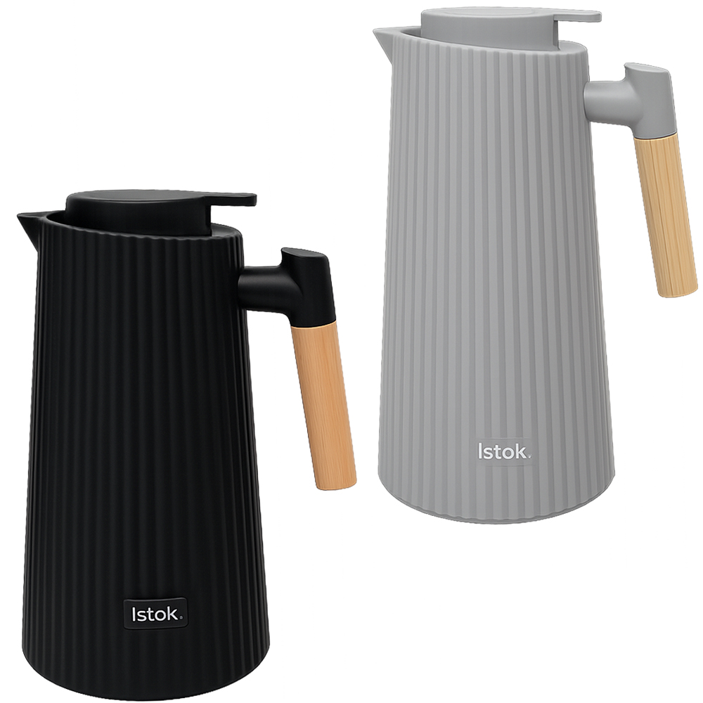 GARRAFA TERMICA COM AMPOLA DE VIDRO RETA + GATILHO E CABO MADEIRA CREME / CINZA / PRETA 1L