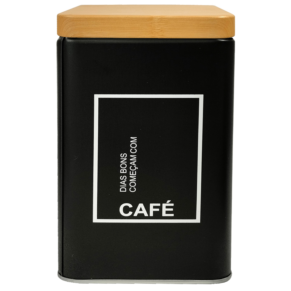 POTE DE LATA QUADRADO PRETO PARA CAFE / ACUCAR COM TAMPA TIPO MADEIRA / BAMBU 1000ML