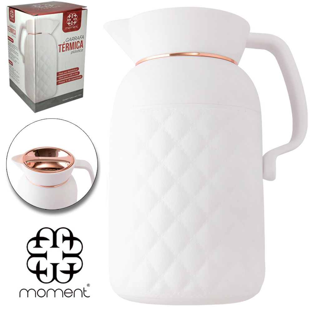 GARRAFA TERMICA BRANCA COM TAMPA METALIZADA ROSE GOLD MOMENT 1L