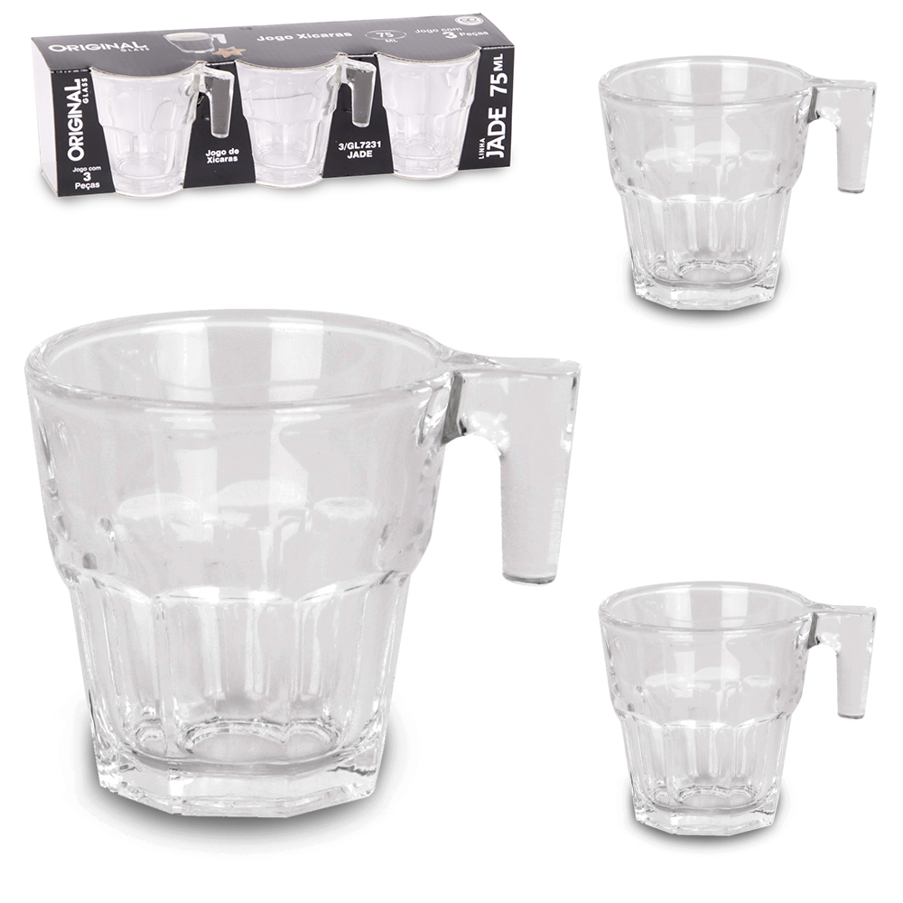 JOGO DE CANECA XICARA DE VIDRO PARA CAFE COM 3 PECAS 75ML