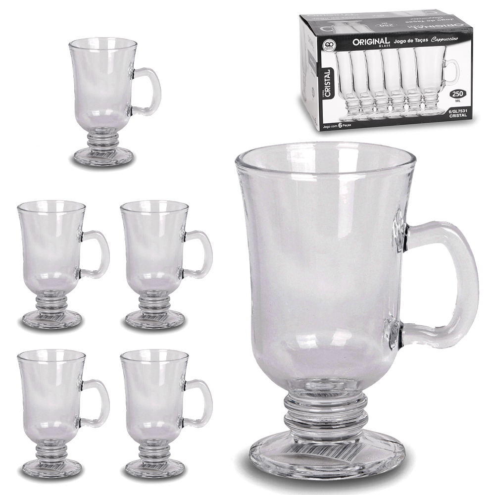 JOGO DE CANECA XICARA DE VIDRO PARA CAFE / CAPPUCCINO CRISTAL COM 6 PECAS 250ML