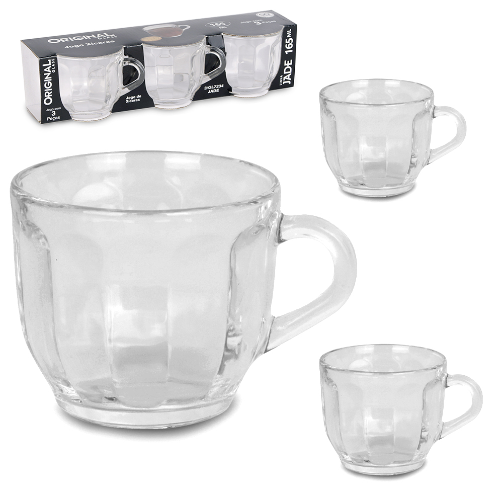 JOGO DE CANECA XICARA DE VIDRO PARA CHA JADE COM 3 PECAS 165ML