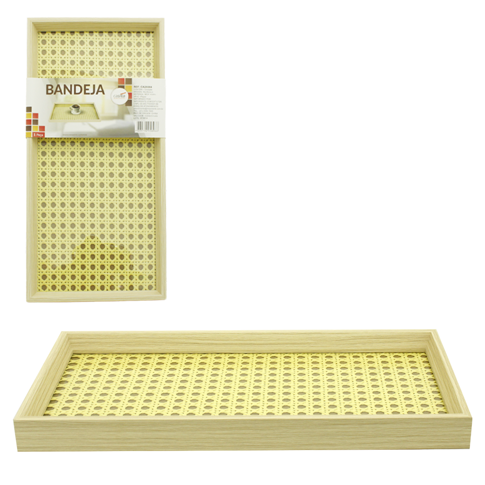 BANDEJA DE MADEIRA MDF COM FUNDO DE VIDRO RETANGULAR 38X18X3CM