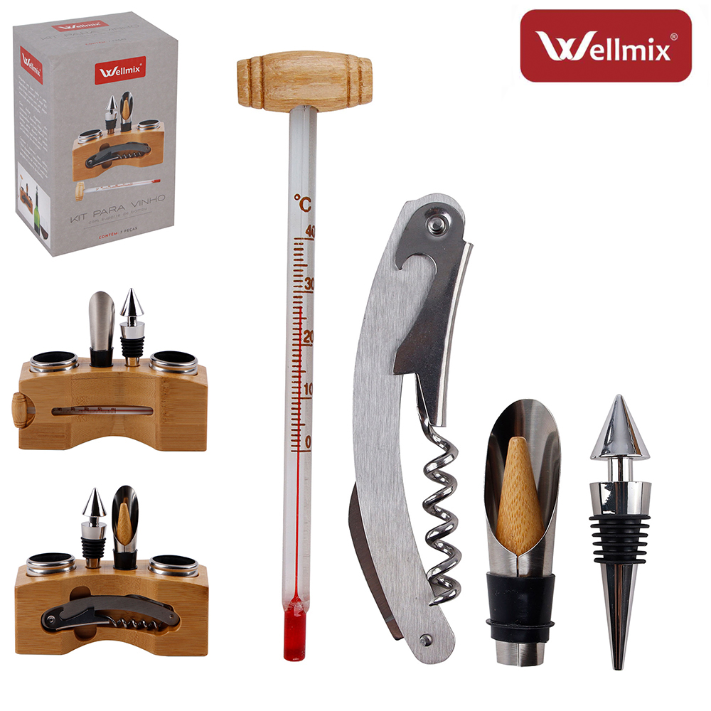 KIT PARA VINHO DE INOX COM SACA ROLHA + ANEL CORTA GOTAS + TERMOMETRO DE VIDRO + ACESSOPRIOS E SUPORTE DE BAMBU 7 PECAS