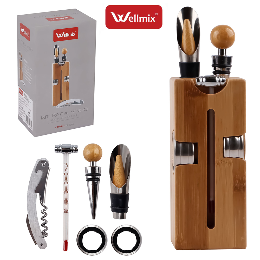 KIT PARA VINHO DE INOX COM SACA ROLHA + ANEL CORTA GOTAS + TERMOMETRO DE VIDRO + ACESSORIOS E SUPORTE DE BAMBU 7 PECAS