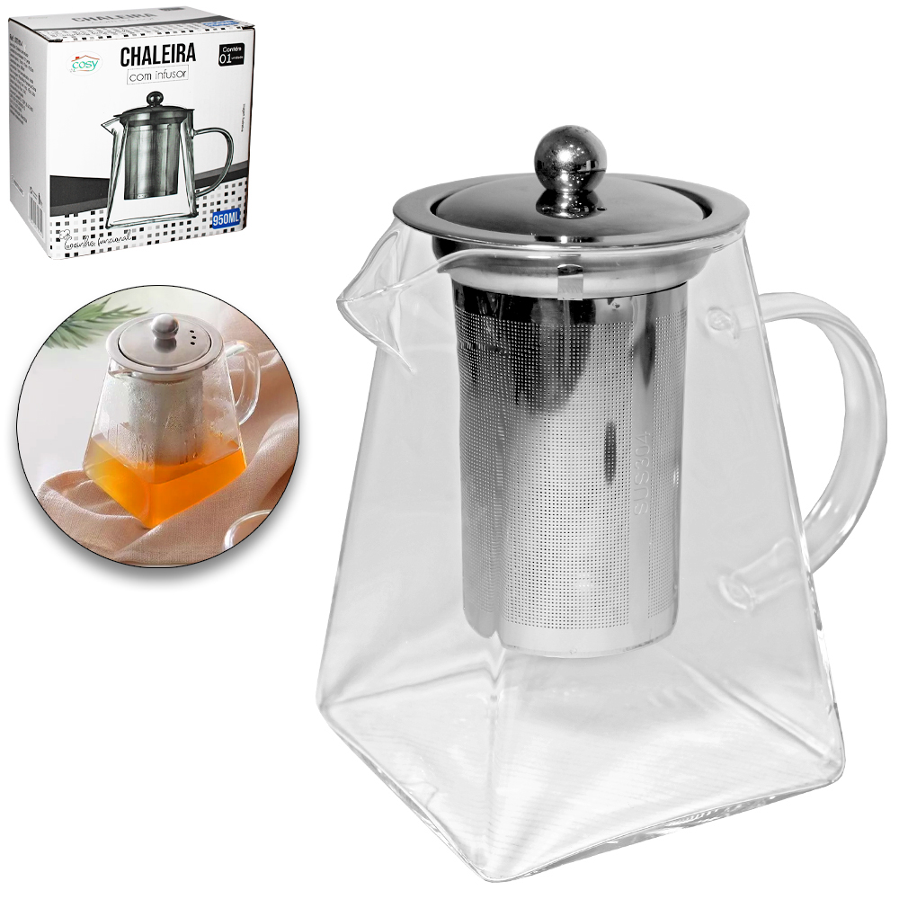 CHALEIRA DE VIDRO QUADRADA COM INFUSOR E TAMPA DE INOX 950ML