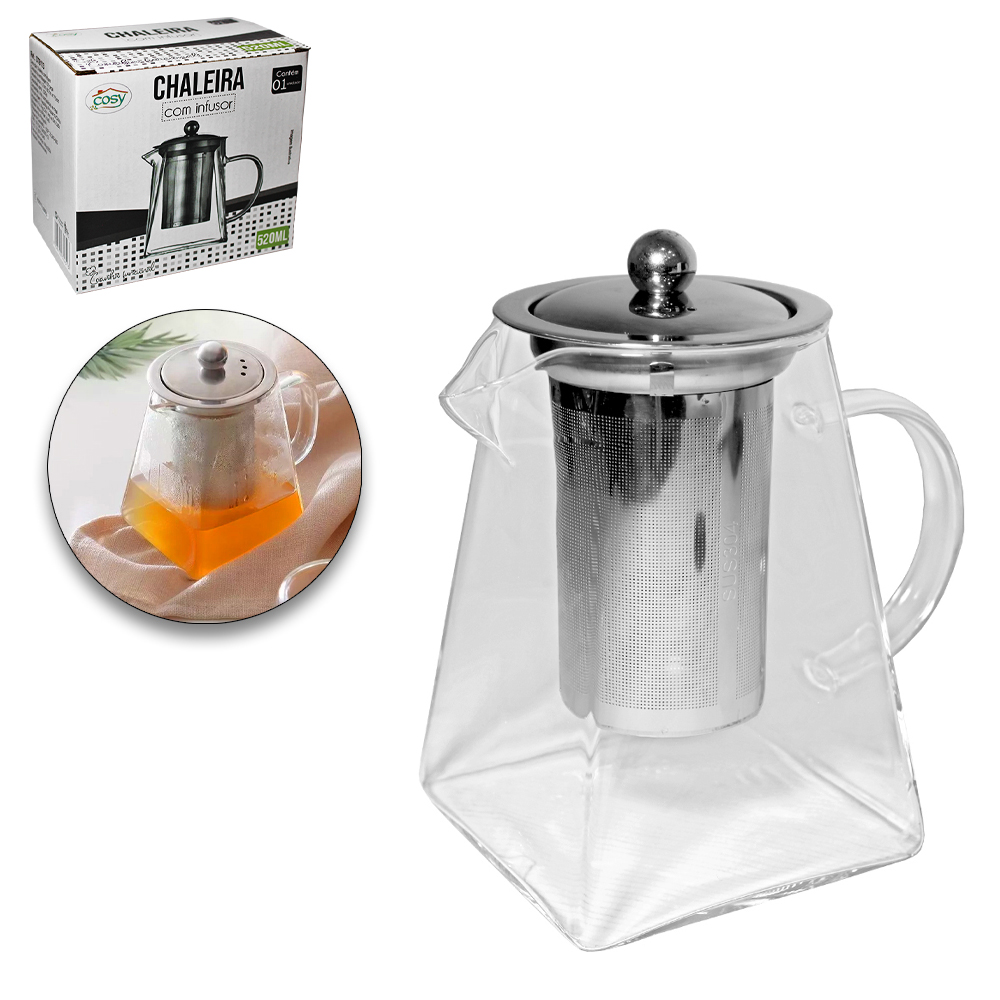 CHALEIRA DE VIDRO QUADRADA COM INFUSOR E TAMPA DE INOX 520ML