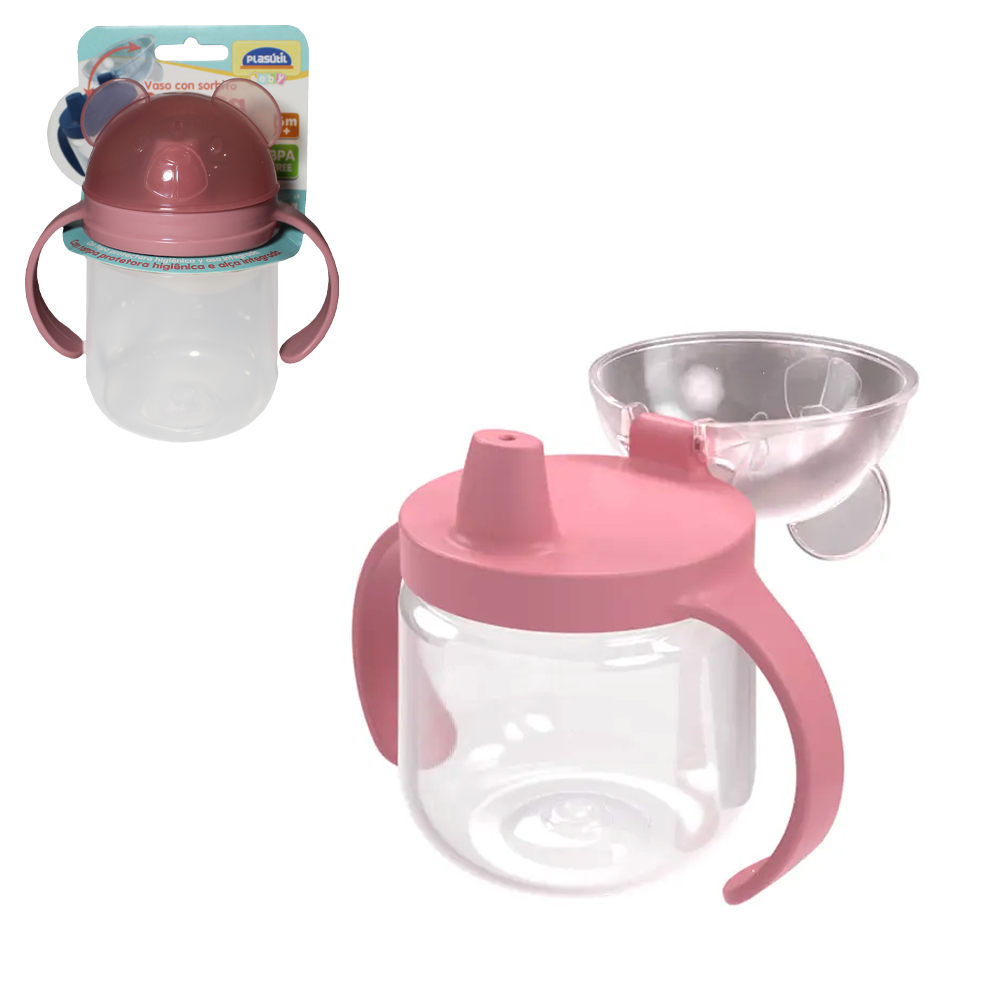 CANECA COPO BABY COM TAMPA + BICO E ALCA DE PLASTICO MENINA URSO ROSA 350ML