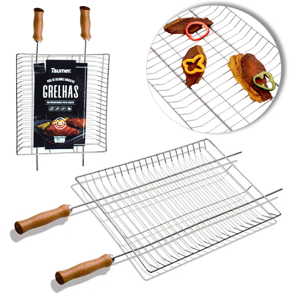 GRELHA BANDEJA ARAMADO PARA CHURRASCO CROMADA CABO MADEIRA CHROME 82X35X3,5CM