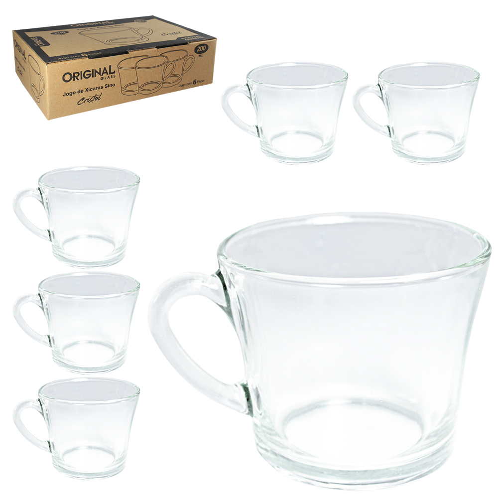 JOGO DE CANECA XICARA DE VIDRO PARA CHA SINO ORIENTE CRISTAL COM 6 PECAS 200ML