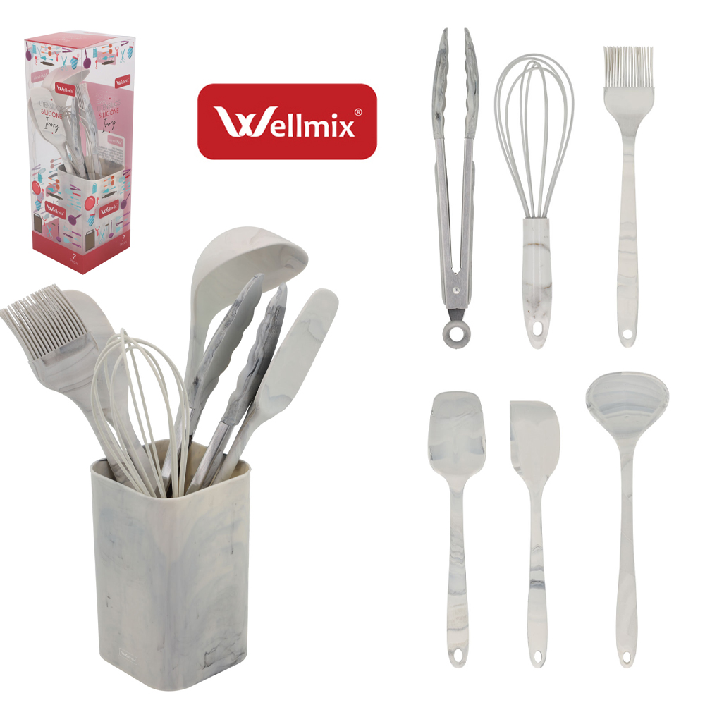 KIT UTENSILIOS 2 ESPATULA / CONCHA/PINCEL / BATEDOR DE CLARA / PEGADOR SILICONE + ESCORREDOR MARMORE IVORY