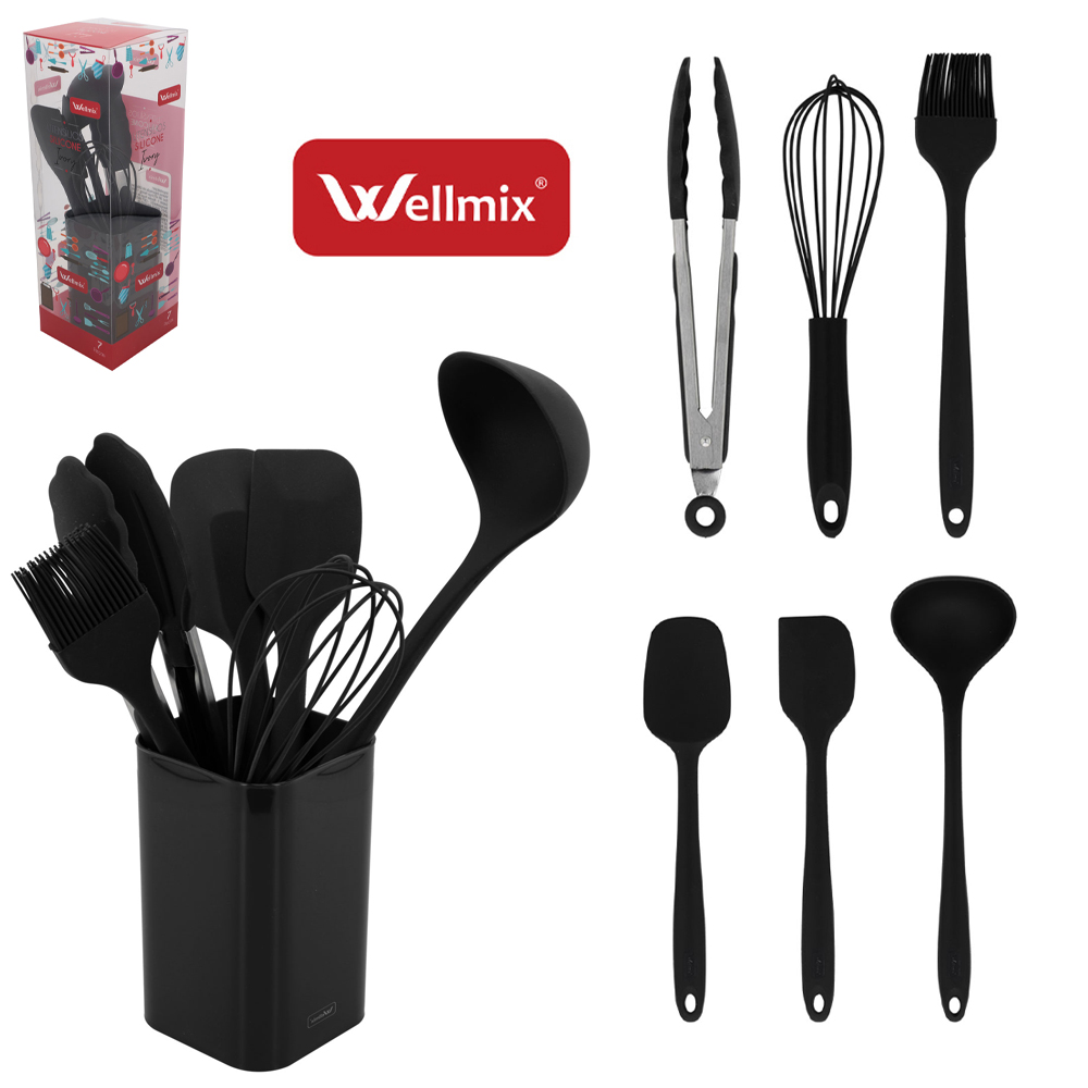 KIT UTENSILIOS 2 ESPATULA / CONCHA/PINCEL / BATEDOR DE CLARA / PEGADOR SILICONE + ESCORREDOR PRETO IVORY