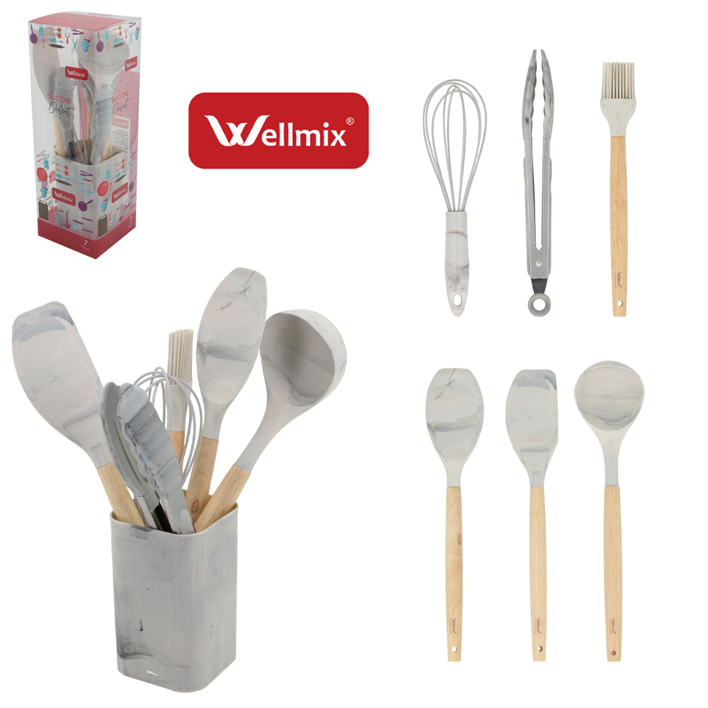 KIT UTENSILIOS 2 ESPATULA / CONCHA/PINCEL / BATEDOR DE CLARA / PEGADOR SILICONE + ESCORREDOR MARMORE DULCET