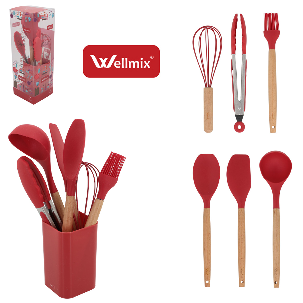 KIT UTENSILIOS 2 ESPATULA / CONCHA / PINCEL / BATEDOR DE CLARA / PEGADOR SILICONE + ESCORREDOR VERMELHO DULCET