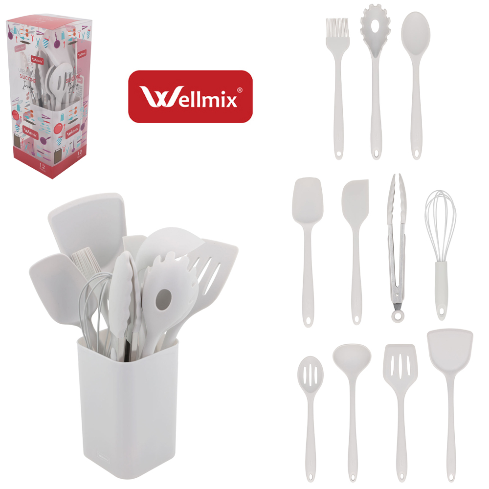 KIT UTENSILIOS 4 ESPATULA / 2 COLHER / 2 PEGADOR / CONCHA / PINCEL / BATEDOR CLARA SILICONE+ESCORREDOR CINZA IVORY