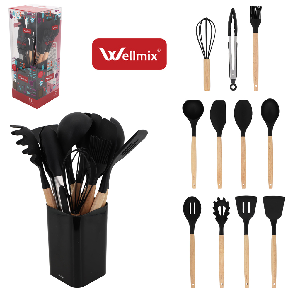 KIT UTENSILIOS 4 ESPATULA / 2 COLHER / 2 PEGADOR / CONCHA/PINCEL / BATEDOR CLARA SILICONE + ESCORRED. PRETO DULCET