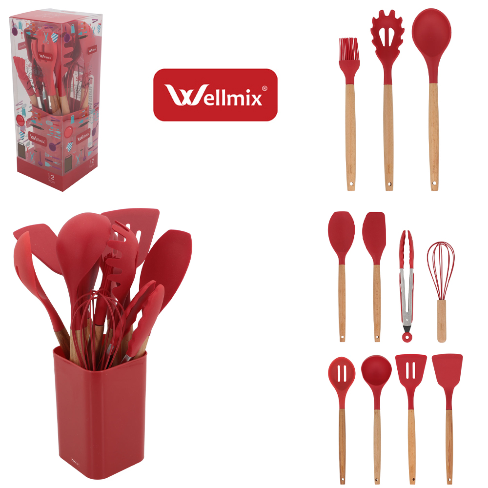 KIT UTENSILIOS 4 ESPATULA / 2 COLHER / 2 PEGADOR / CONCHA / PINCEL / BATEDOR CLARA SILICONE+ESCORREDOR VERMELHO DULCET