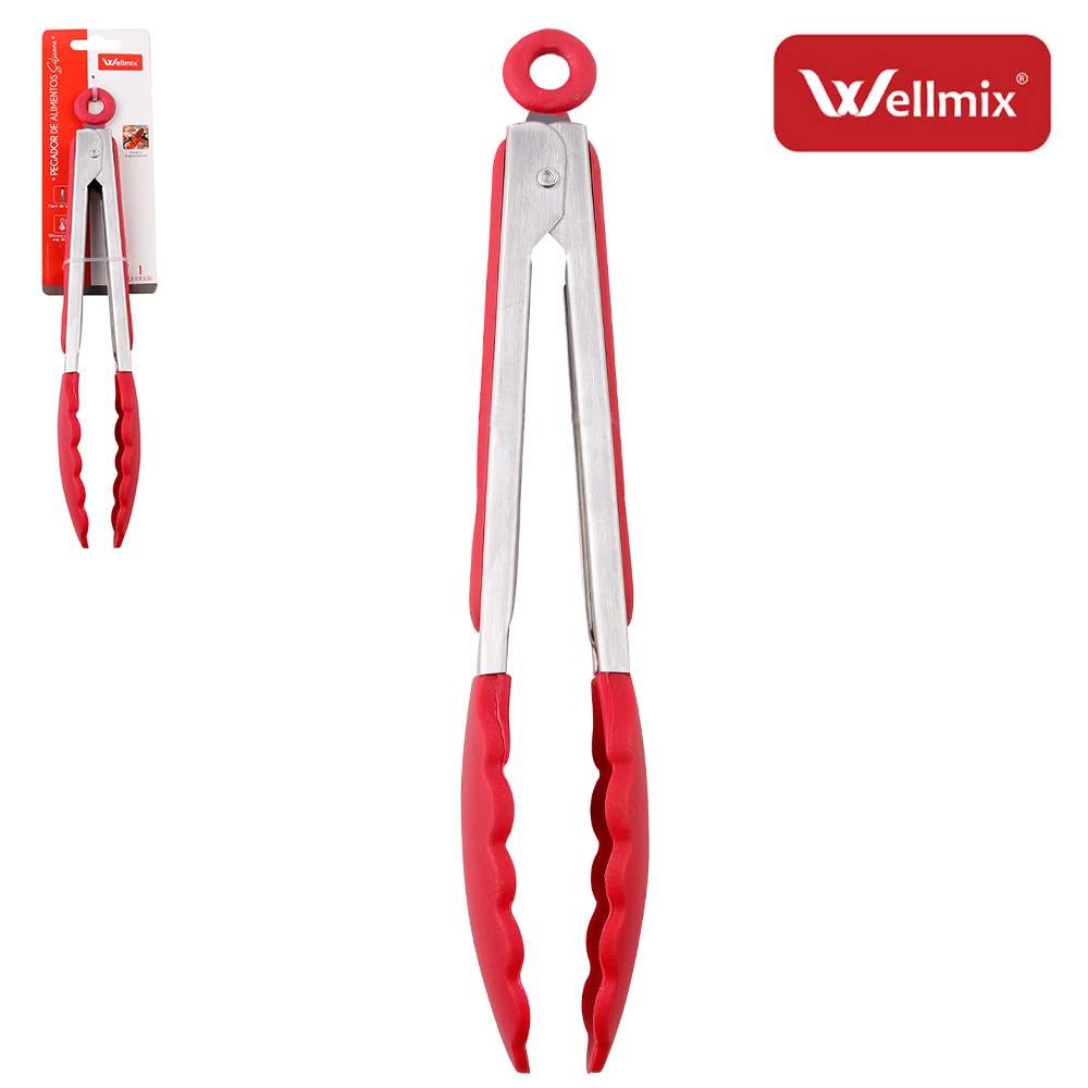 PEGADOR DE INOX MULTIUSO DE SILICONE VERMELHO COM MOLA E TRAVA 26CM