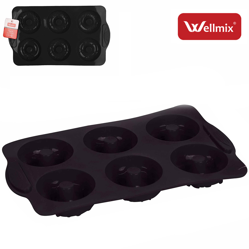 FORMA DE SILICONE RETANGULAR PARA DONUTS COM 6 CAVIDADES PRETA 29X17X2CM