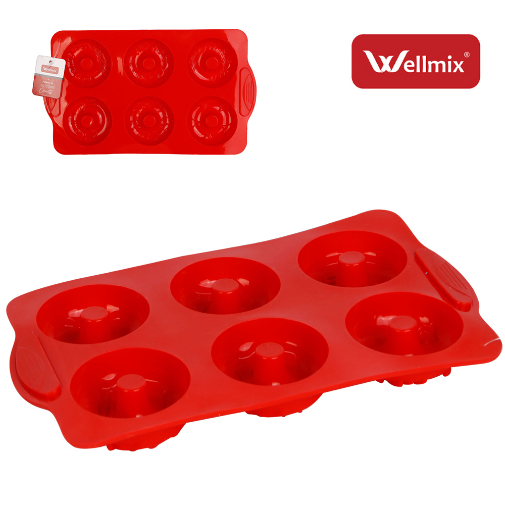 FORMA DE SILICONE RETANGULAR PARA DONUTS COM 6 CAVIDADES VERMELHA 29X17X2CM