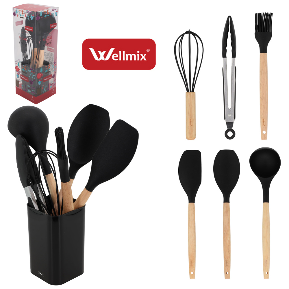 KIT UTENSILIOS 2 ESPATULA / CONCHA / PINCEL / BATEDOR DE CLARA / PEGADOR SILICONE + ESCORREDOR PRETO DULCET