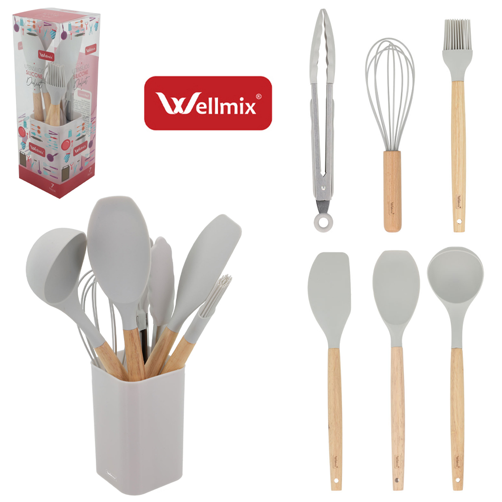 KIT UTENSILIOS 2 ESPATULA / CONCHA / PINCEL / BATEDOR DE CLARA / PEGADOR SILICONE + ESCORREDOR CINZA DULCET