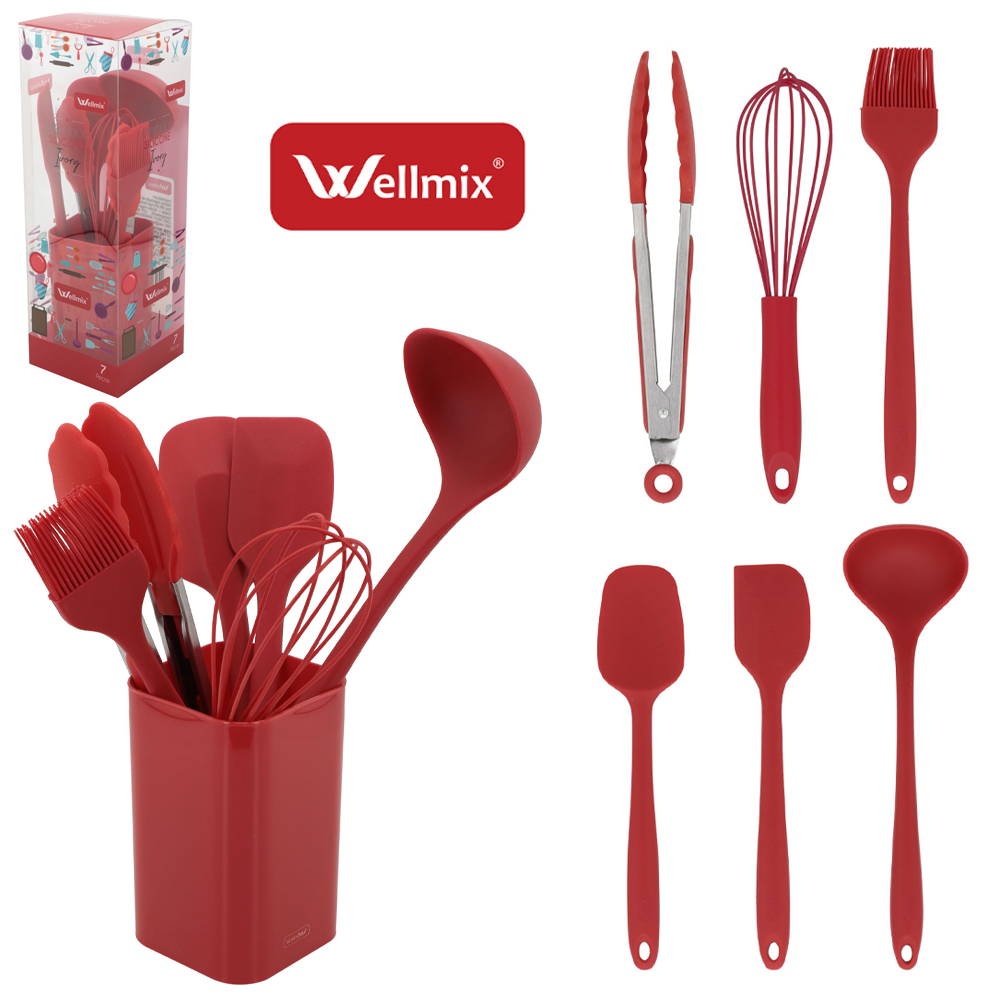 KIT UTENSILIOS 2 ESPATULA / CONCHA / PINCEL / BATEDOR DE CLARA / PEGADOR SILICONE + ESCORREDOR VERMELHO IVORY