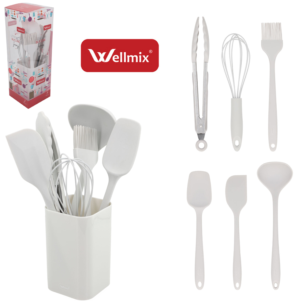 KIT UTENSILIOS 2 ESPATULA / CONCHA / PINCEL / BATEDOR DE CLARA / PEGADOR SILICONE + ESCORREDOR CINZA IVORY