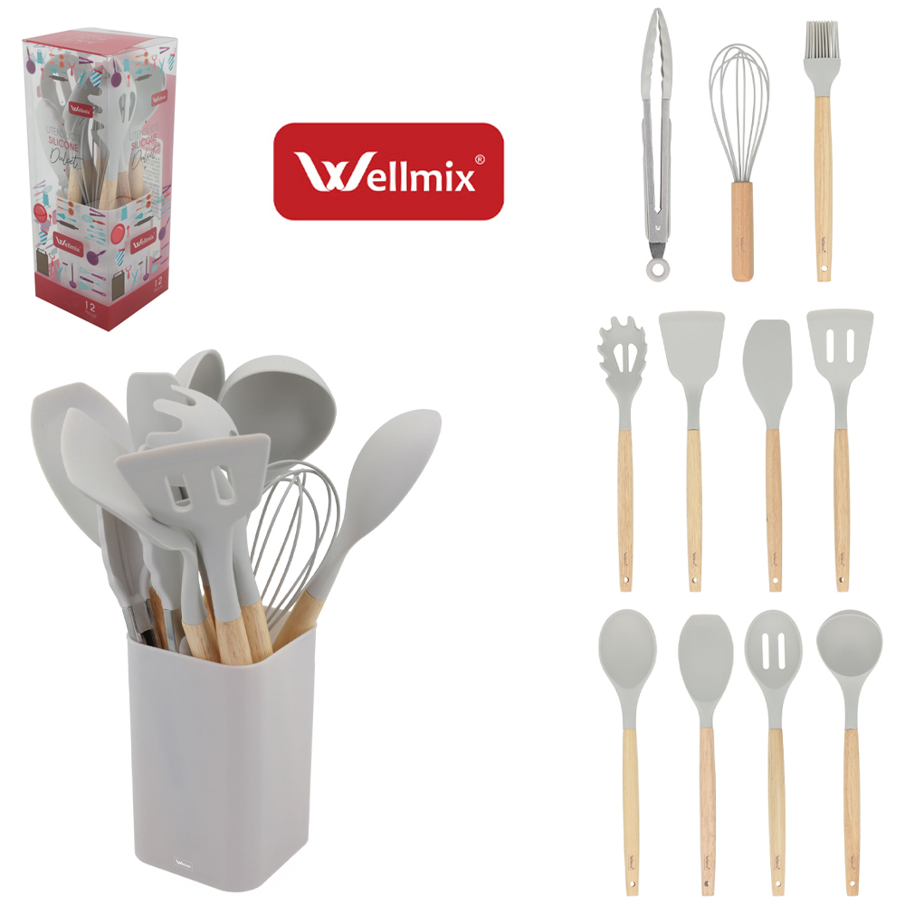 KIT UTENSILIOS 4 ESPATULA / 2 COLHER / 2 PEGADOR / CONCHA / PINCEL / BATEDOR CLARA SILICONE + ESCORREDOR CINZA DULCET