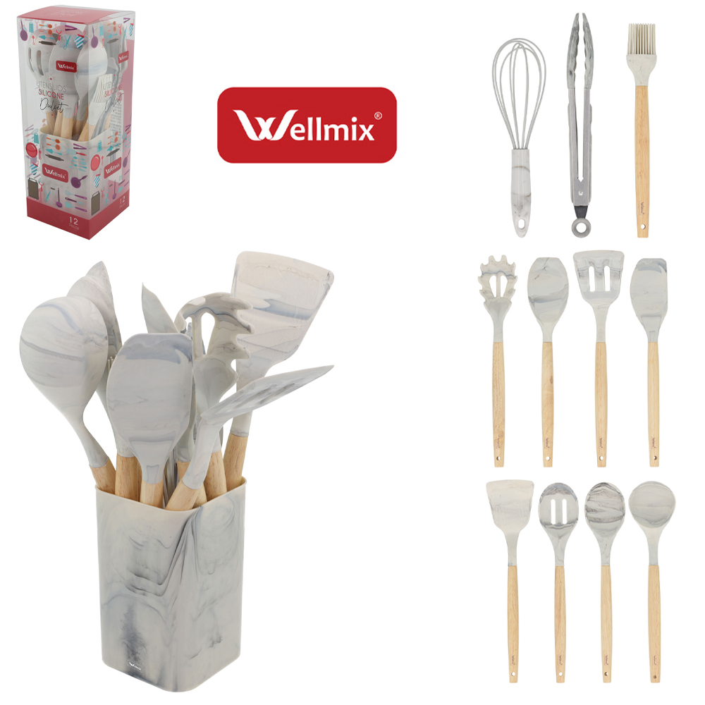 KIT UTENSILIOS 4 ESPATULA / 2 COLHER / 2 PEGADOR / CONCHA/PINCEL / BATEDOR CLARA SILICONE + ESCORREDOR MARMORE DULCET 