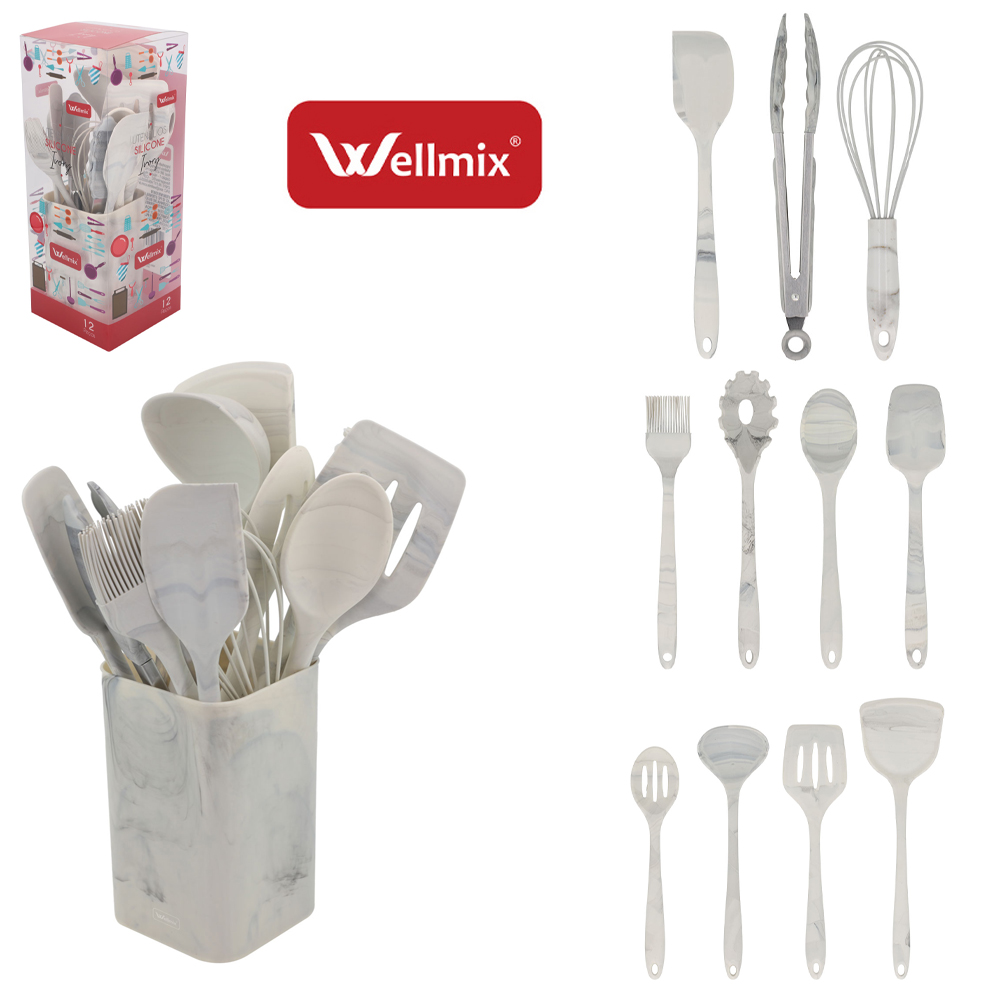 KIT UTENSILIOS 4 ESPATULA / 2 COLHER / 2 PEGADOR / CONCHA/PINCEL / BATEDOR CLARA SILICONE + ESCORREDOR MARMORE IVORY