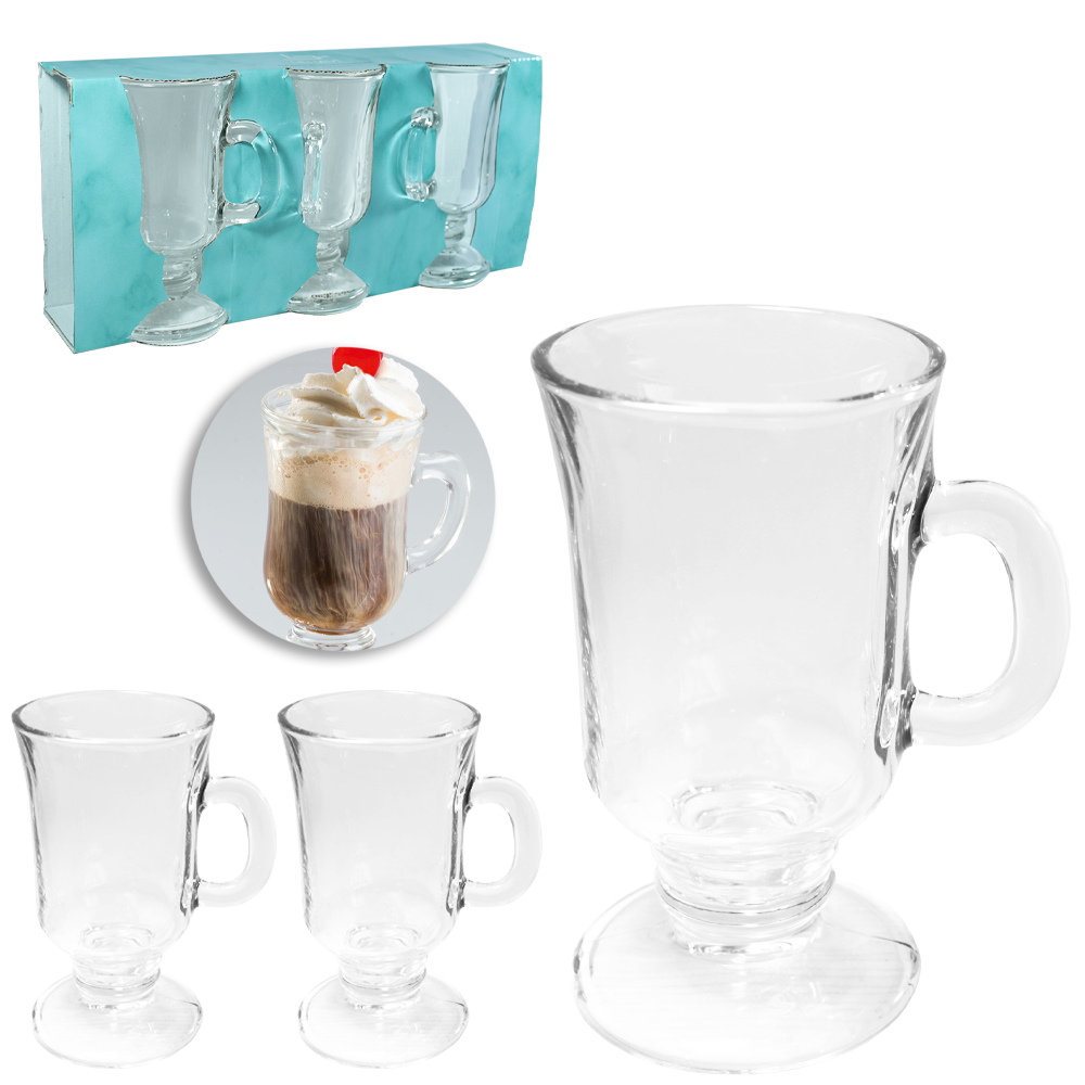 JOGO DE CANECA XICARA DE VIDRO PARA CAFE / CAPPUCCINO IRISH COFFEE COM 3 PECAS 230ML 