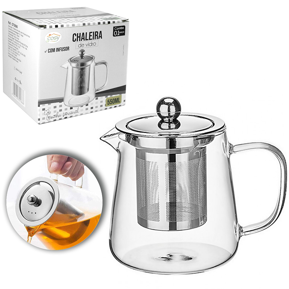 CHALEIRA DE VIDRO COM INFUSOR E TAMPA DE INOX 550ML