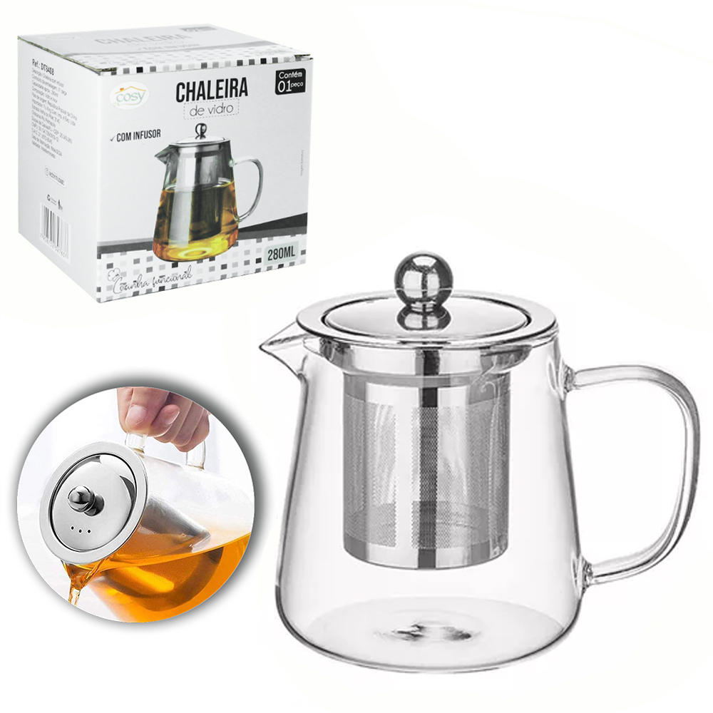 CHALEIRA DE VIDRO COM INFUSOR E TAMPA. DE INOX 280ML 