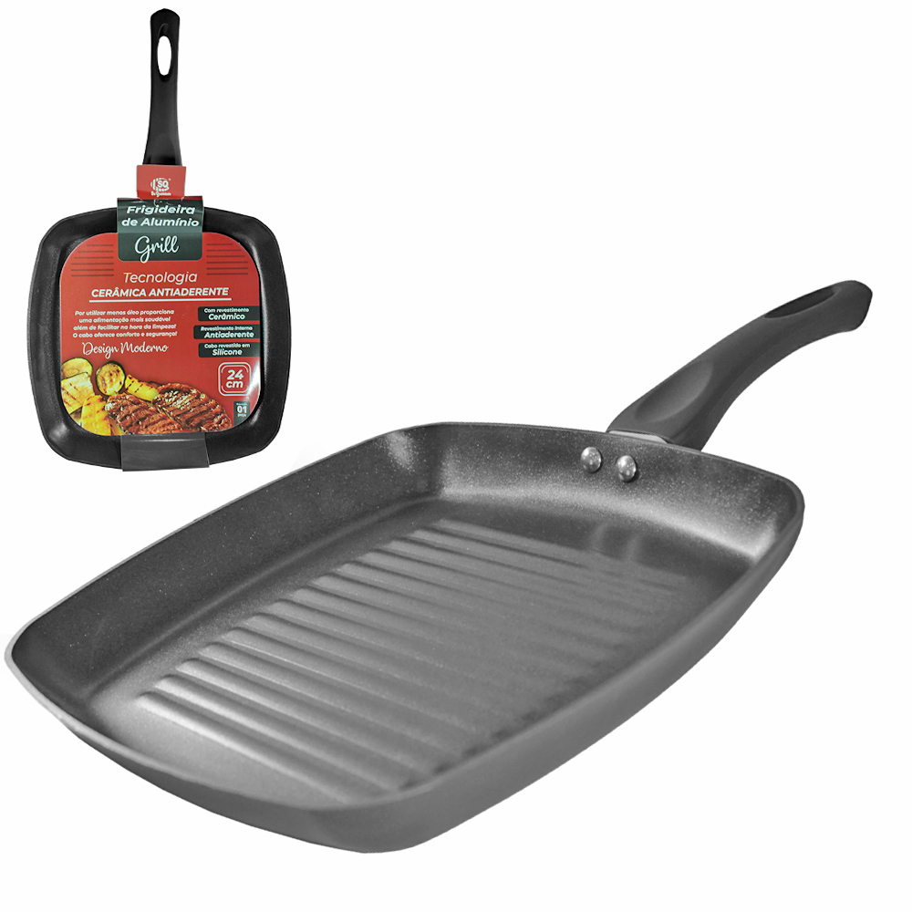 FRIGIDEIRA GRILL QUADRADA REVESTIDA CERAMICA ANTIADERENTE PRETA CABO EMBORRACHADO 24CM 