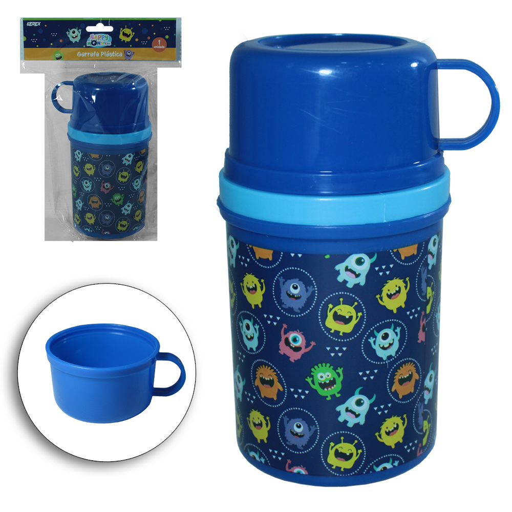 GARRAFA DE PLASTICO PP HAPPY MONSTERS COM CANECA TAMPA 280/150ML