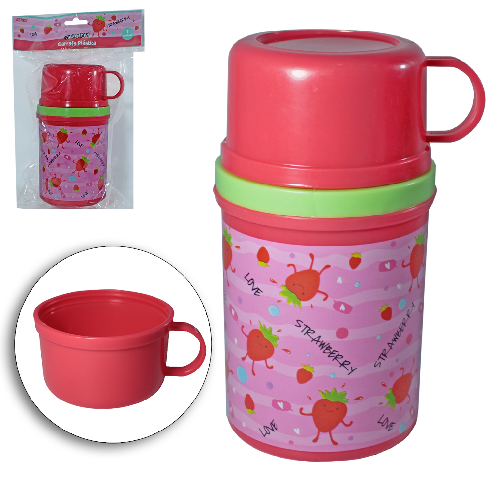 GARRAFA DE PLASTICO PP MORANGOS COM CANECA TAMPA 280/150ML 