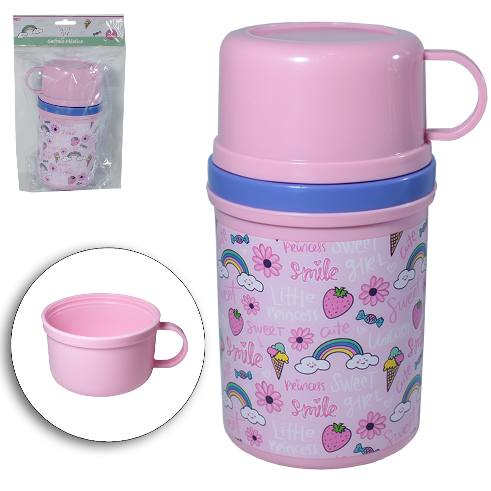 GARRAFA DE PLASTICO PP SWEET GIRL COM CANECA TAMPA. 280/150ML