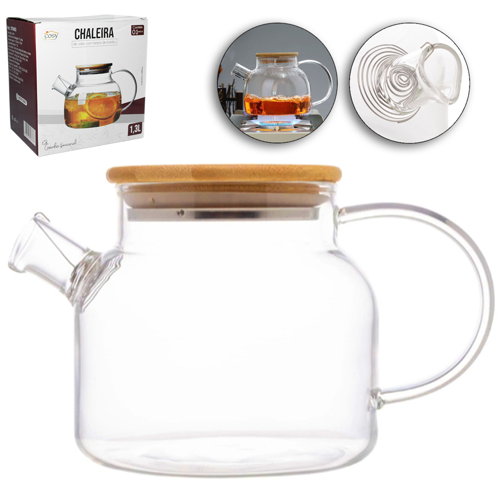 CHALEIRA VIDRO COM COADOR INOX NO BICO + TAMPA MADEIRA / BAMBU 1,3L 