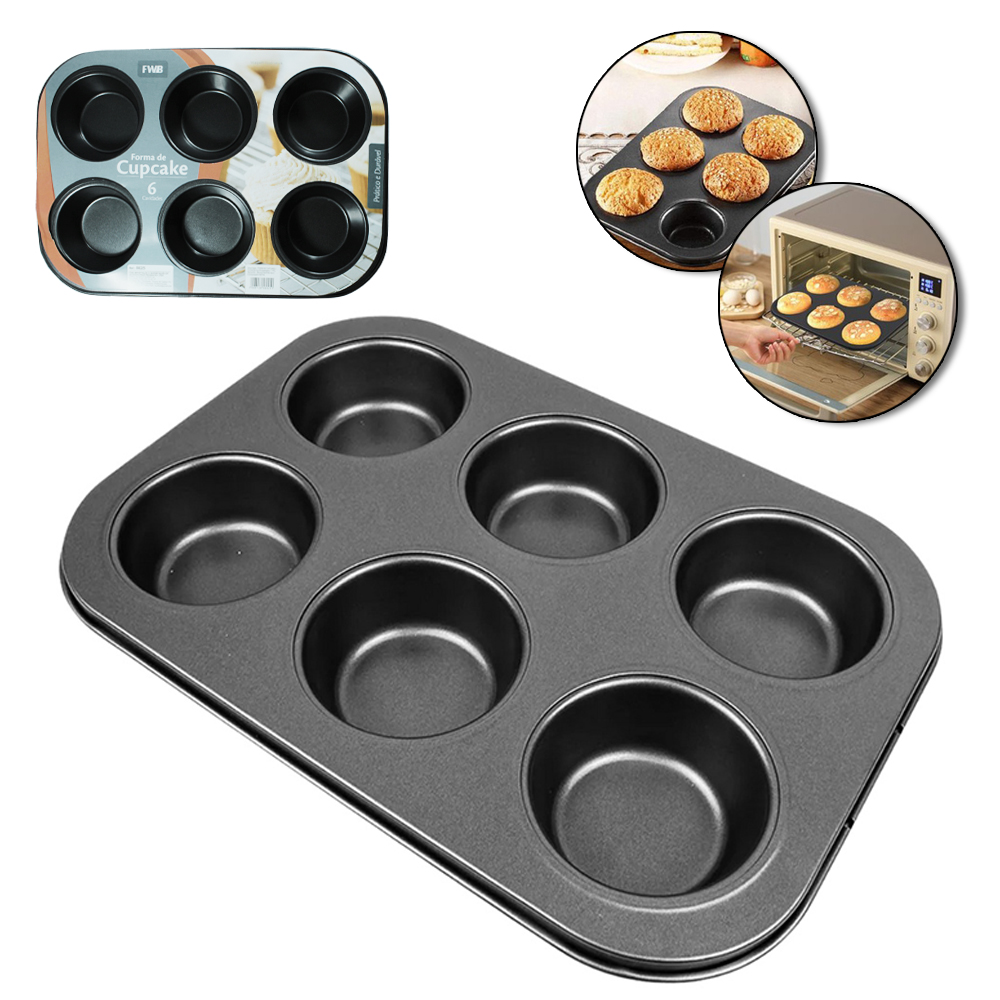 FORMA ASSADEIRA DE ACO CARBONO ANTIADERENTE PARA CUPCAKE COM 6 CAVIDADES 26X18X2,5CM