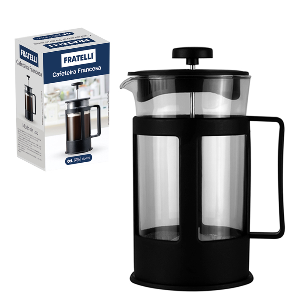 CAFETEIRA FRANCESA / CHALEIRA DE VIDRO 600ML COM TAMPA E BASE DE PLASTICO PRETO 