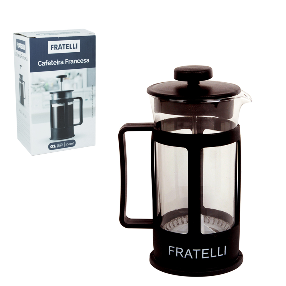 CAFETEIRA FRANCESA / CHALEIRA DE VIDRO 300ML COM TAMPA E BASE DE PLASTICO PRETO