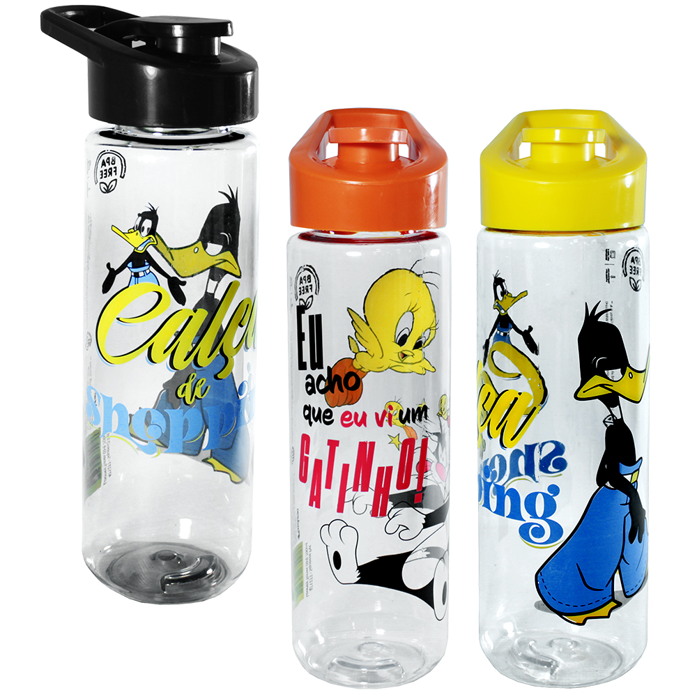 GARRAFA SQUEEZE DE PLASTICO PET LOONEY TUNES COM TAMPA E ALCA 700ML