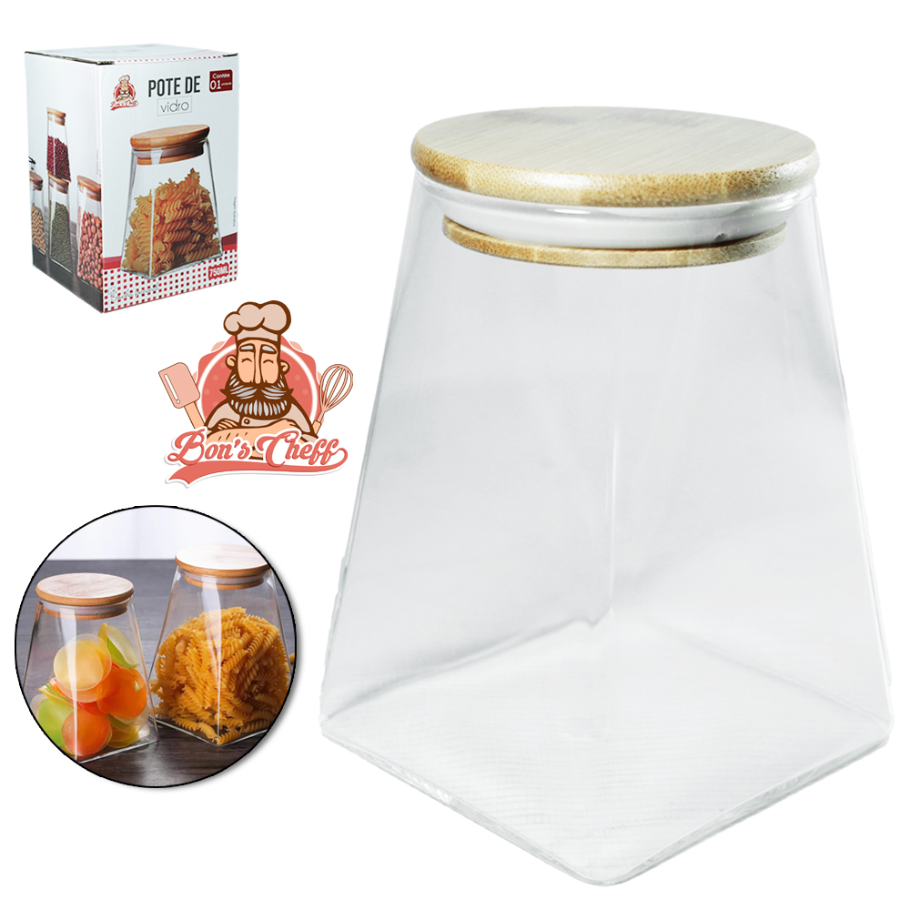 POTE DE VIDRO LISO CONICO COM TAMPA HERMETICA DE MADEIRA / BAMBU 750ML BONS CHEFF