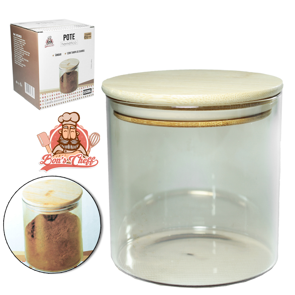 POTE DE VIDRO AMBAR LISO REDONDO COM TAMPA HERMETICA DE MADEIRA / BAMBU 550ML BONS CHEFF