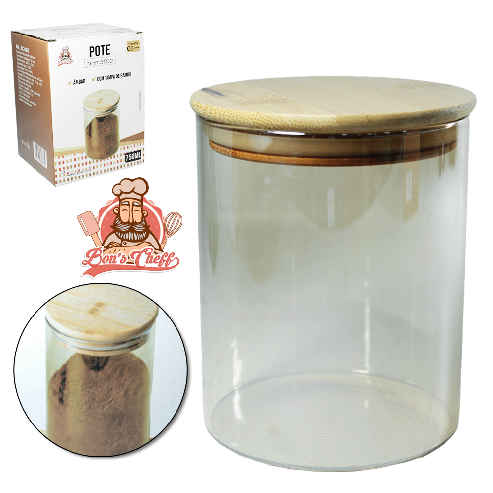 POTE DE VIDRO AMBAR LISO REDONDO COM TAMPA HERMETICA DE MADEIRA / BAMBU 750ML BONS CHEFF