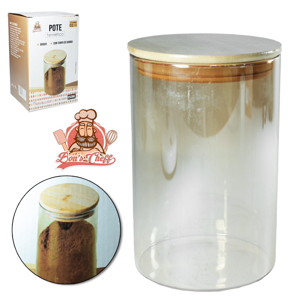 POTE DE VIDRO AMBAR LISO REDONDO COM TAMPA HERMETICA DE MADEIRA / BAMBU 950ML BONS CHEFF